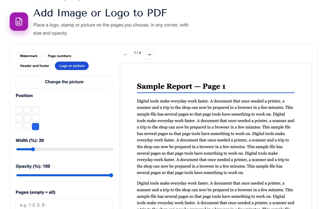 The Add Image or Logo tool on shobfree.com with a picture, position grid, size and opacity controls