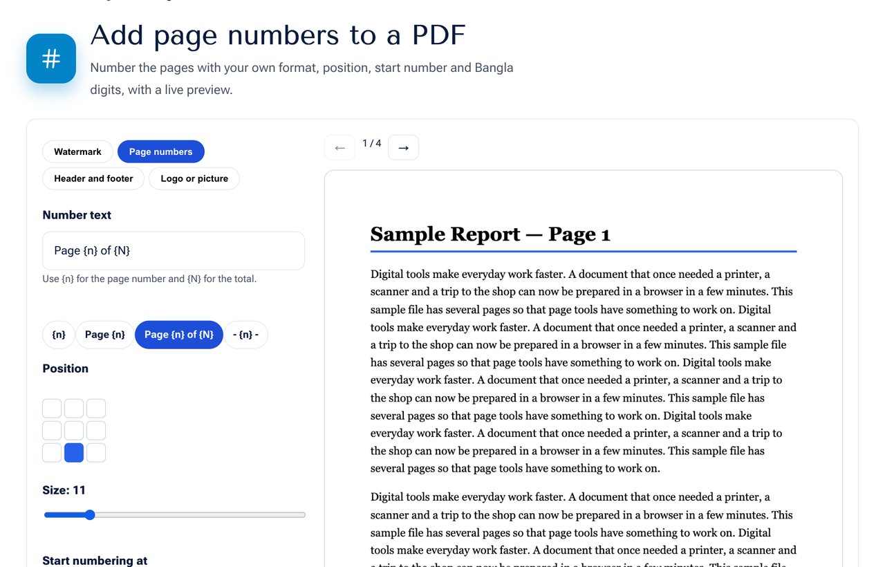 The Add Page Numbers tool on shobfree.com with format, position and a live preview