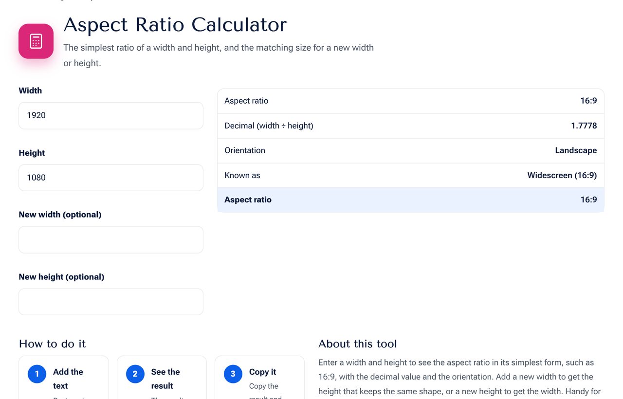 Aspect Ratio Calculator on shobfree.com with example values filled in