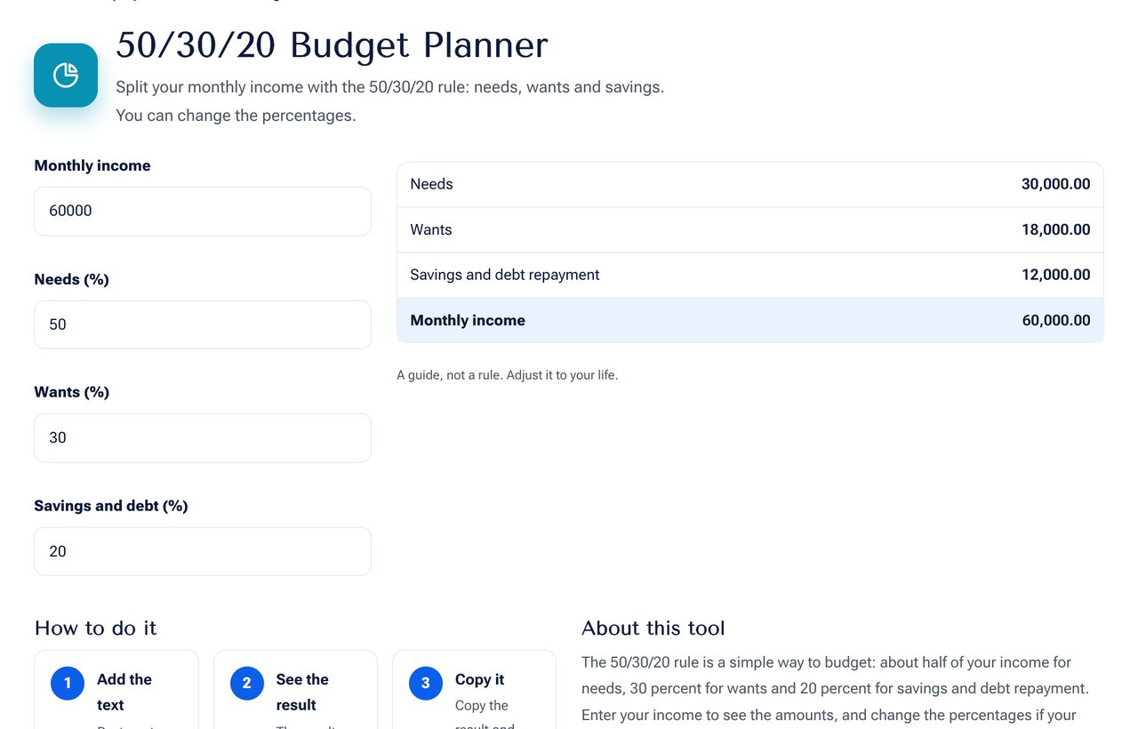 50/30/20 Budget Planner on shobfree.com with example values filled in