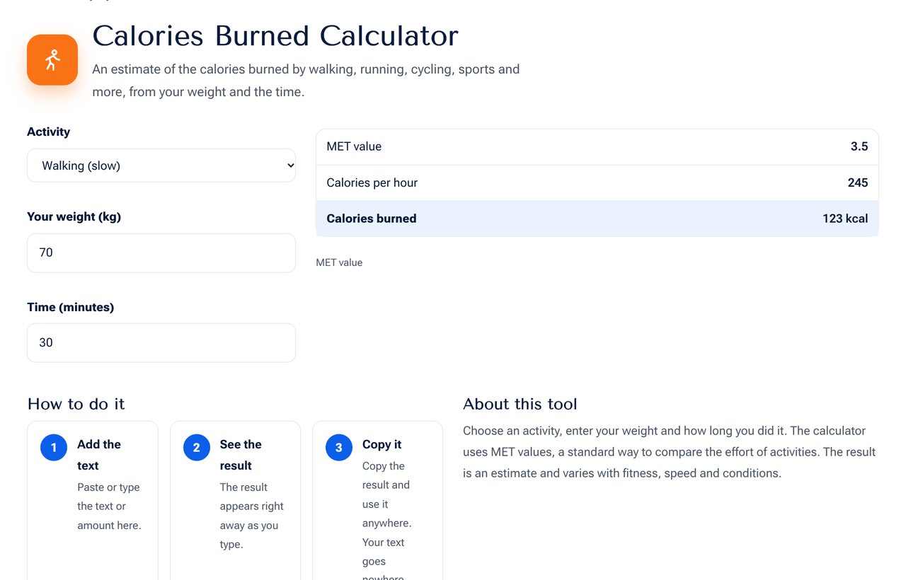 The Calories Burned Calculator on shobfree.com with activity, weight and minutes