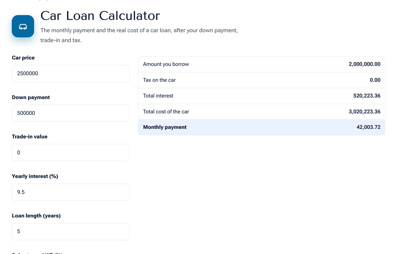 The Car Loan Calculator on shobfree.com showing price, down payment, rate and the monthly payment