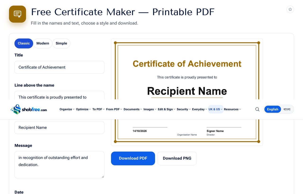The Certificate Maker on shobfree.com with three names in the list for many certificates