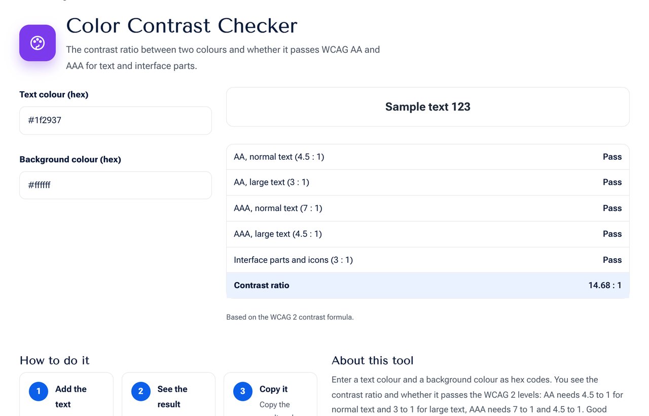 Color Contrast Checker on shobfree.com with example values filled in