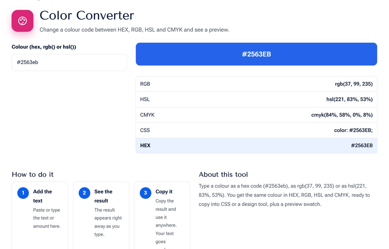 The Color Converter on shobfree.com showing a colour in HEX, RGB, HSL and CMYK with a preview swatch