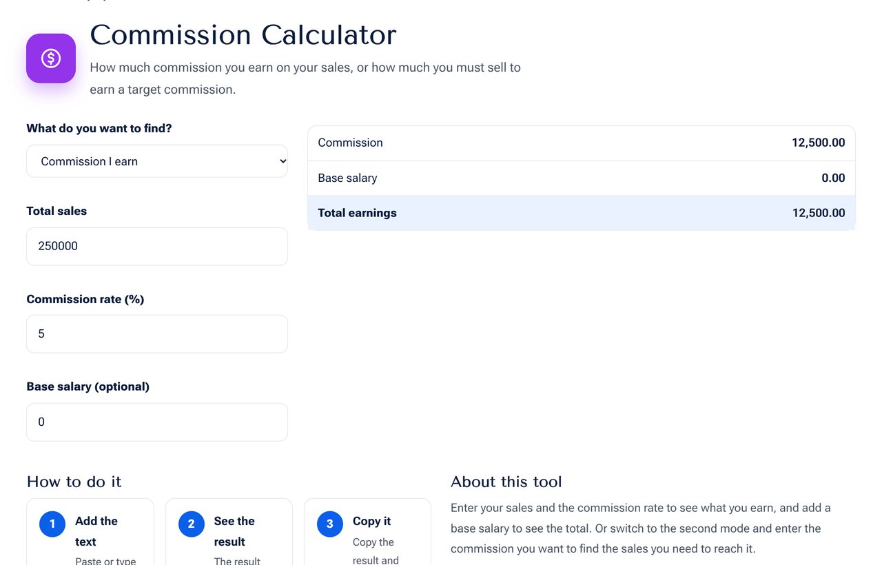 The Commission Calculator on shobfree.com with sales, rate and base salary