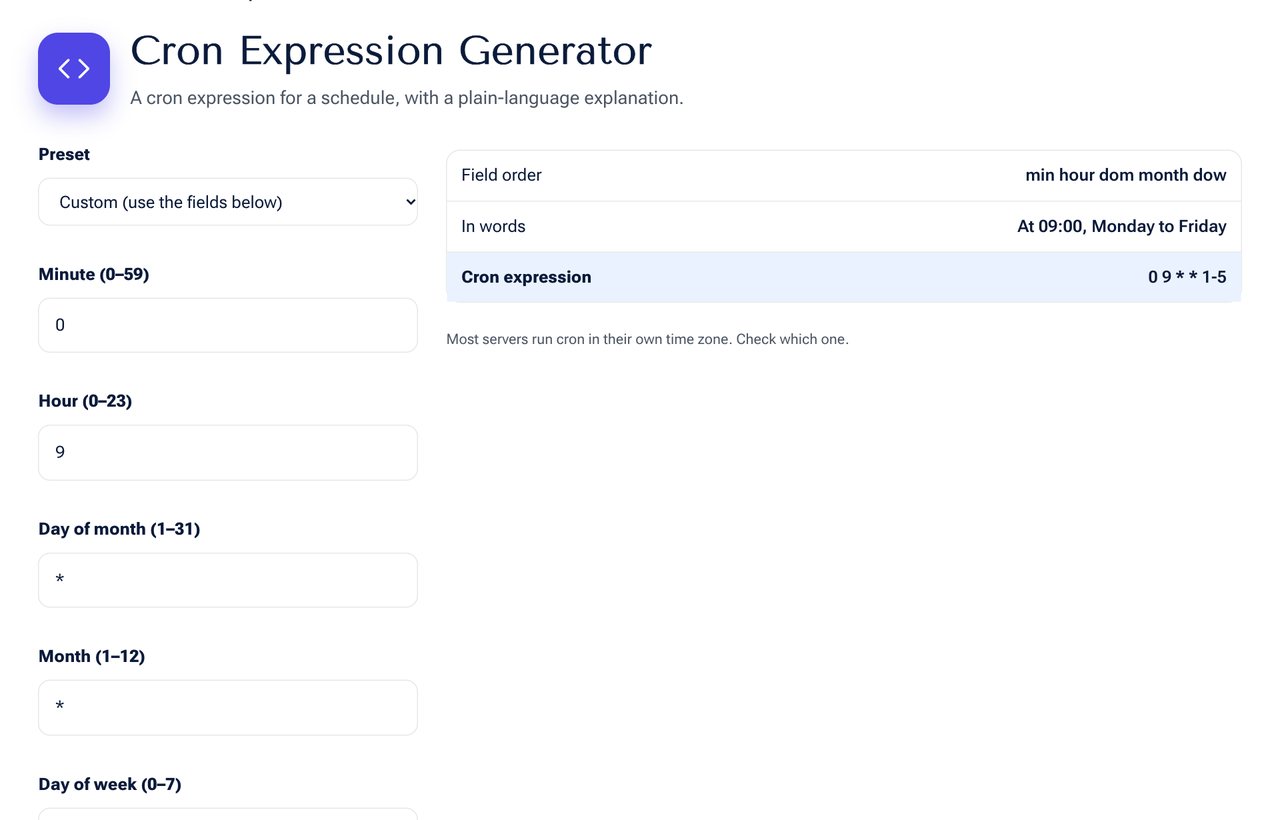 Cron Expression Generator on shobfree.com with example values filled in