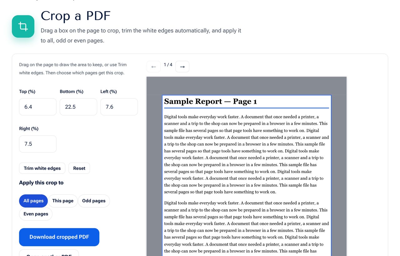 The Crop PDF tool on shobfree.com showing a page with the crop area outlined and the margin boxes