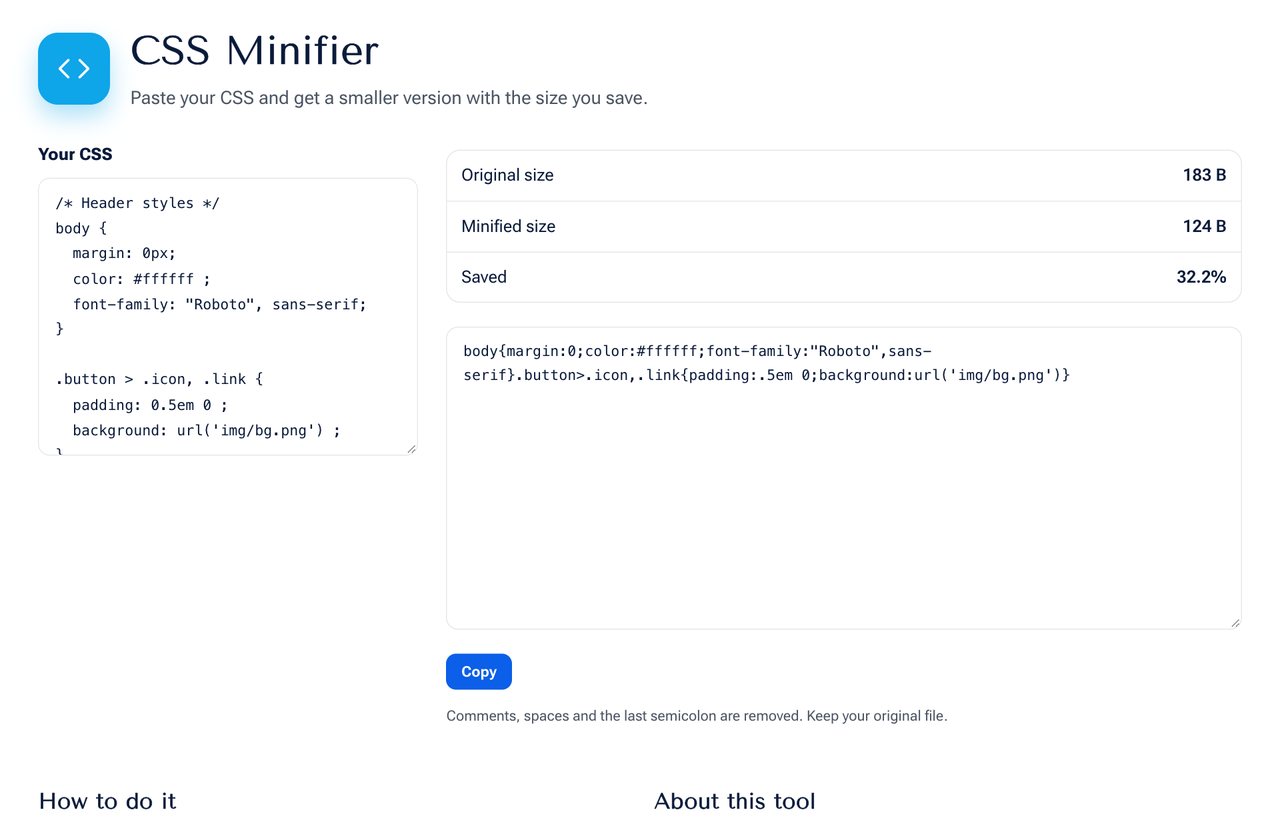 The CSS Minifier on shobfree.com with CSS input and the minified result with size savings