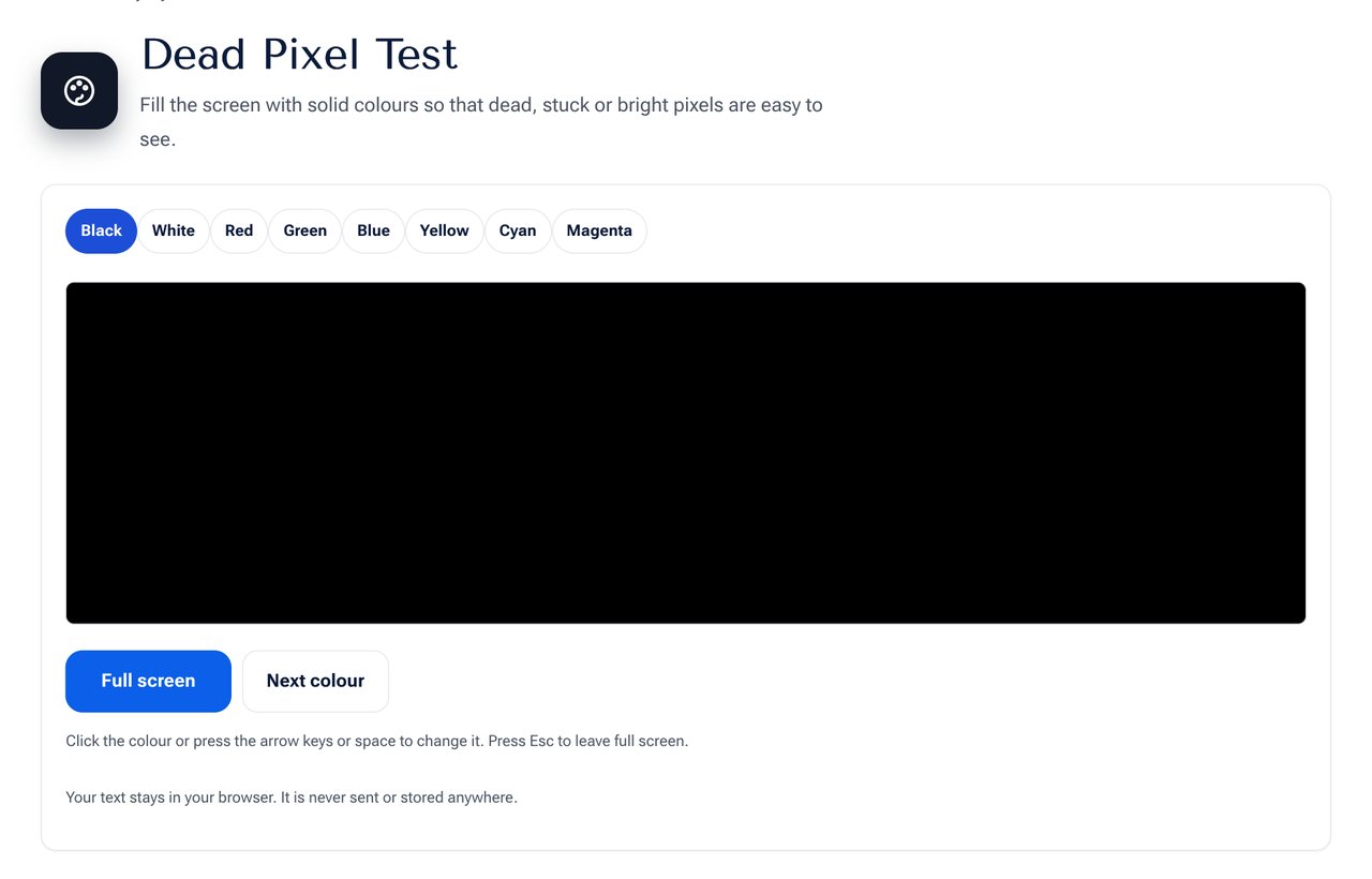 The Dead Pixel Test on shobfree.com with colour buttons and a solid colour area ready for full screen