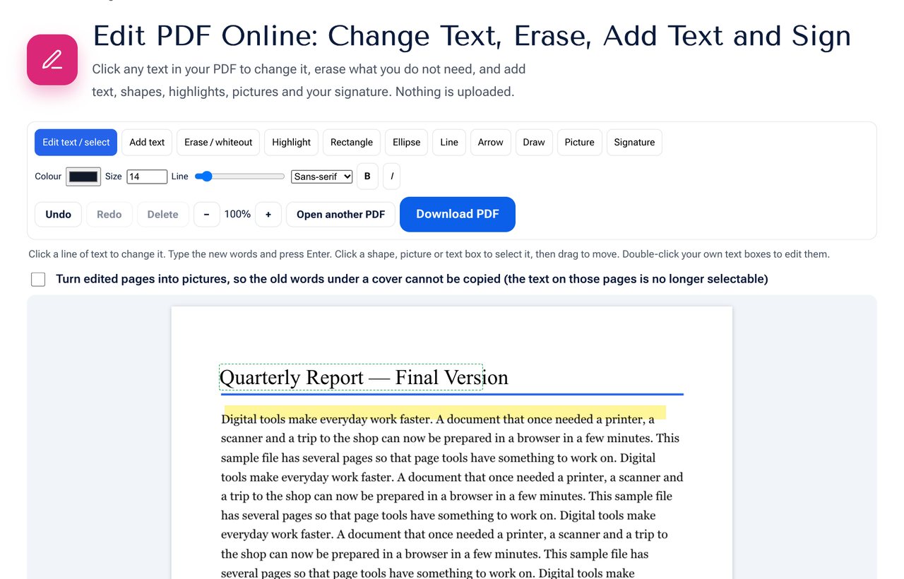 Edit PDF on shobfree.com with a changed heading and a highlighted line