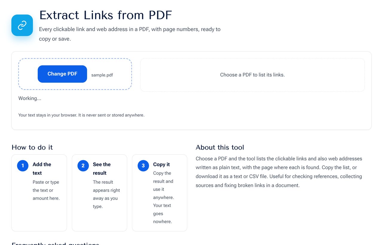 The Extract Links from PDF tool on shobfree.com listing the links found with their page numbers