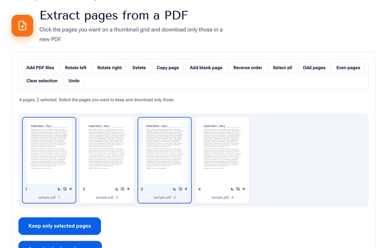 The Extract PDF Pages tool on shobfree.com with pages 1 and 3 selected