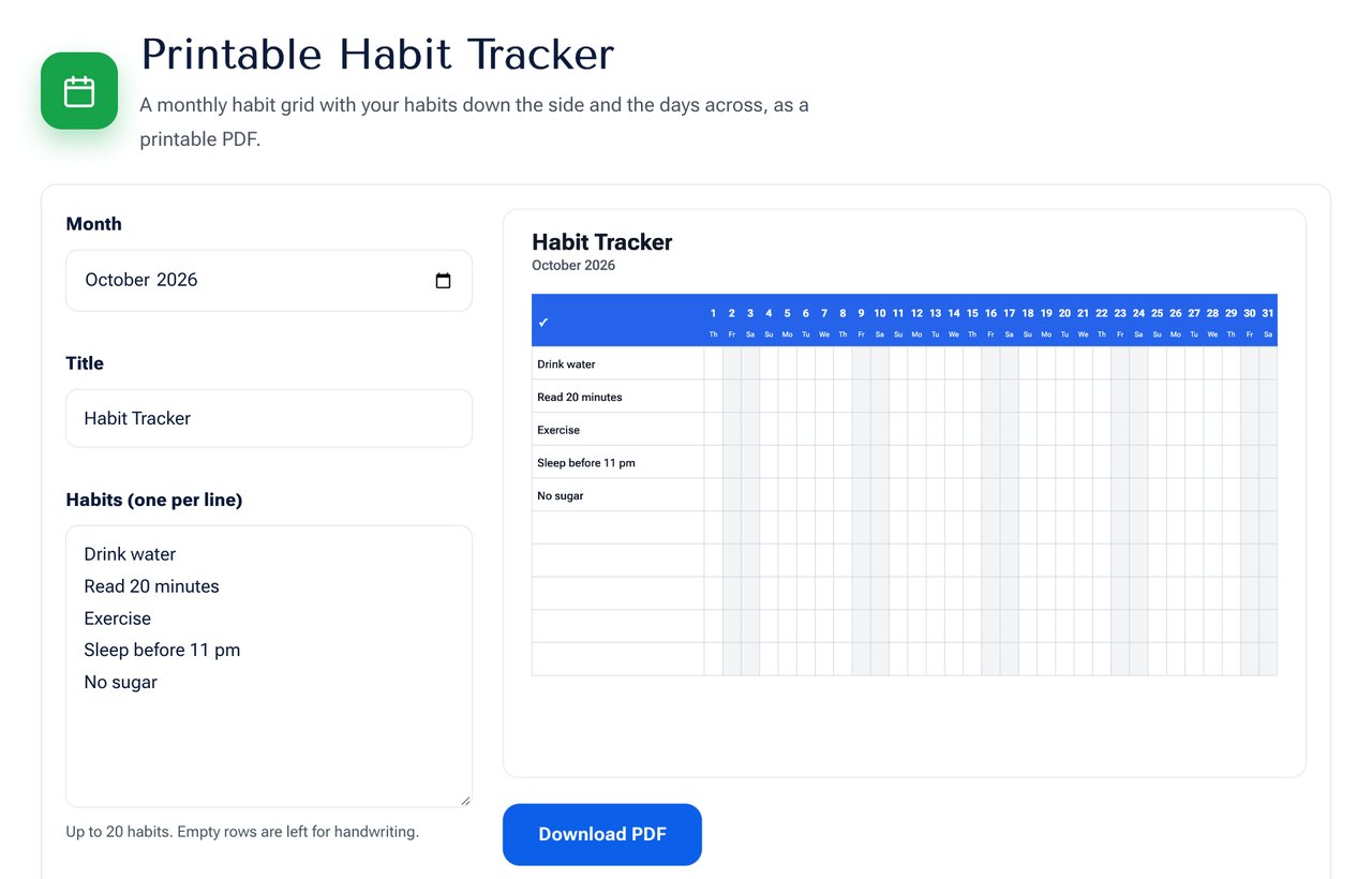 The Habit Tracker on shobfree.com showing a monthly grid with habits down the side and the days across