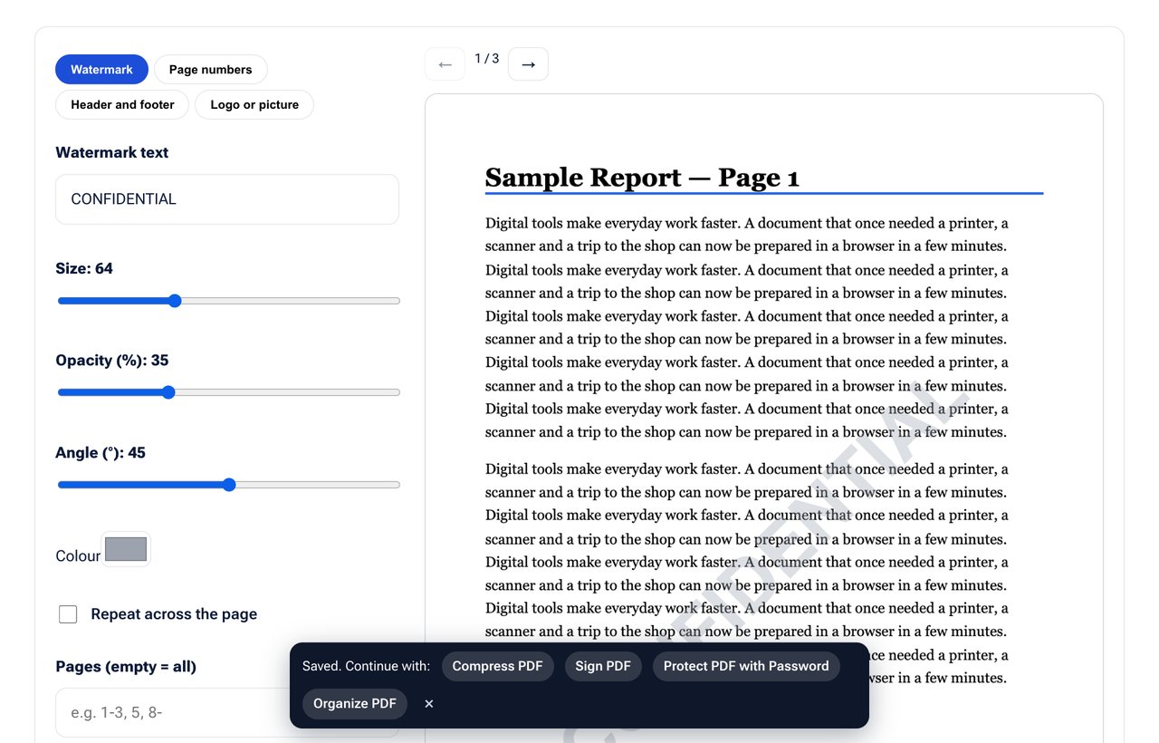 A bar after saving a PDF offering the next tools on shobfree.com
