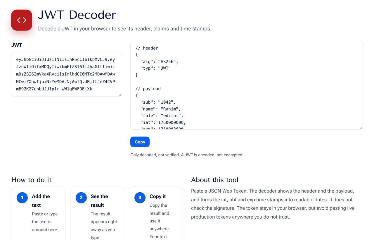 JWT Decoder on shobfree.com with example values filled in