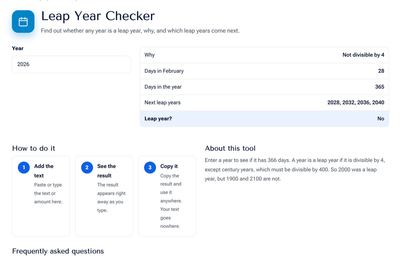 The Leap Year Checker on shobfree.com showing whether a year is a leap year, the reason and the next leap years
