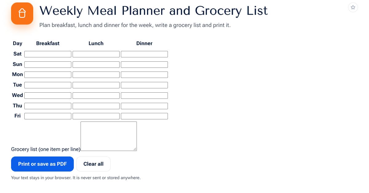 Meal Planner and Grocery List on shobfree.com