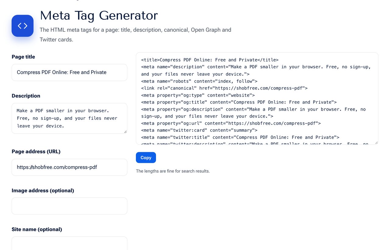 Meta Tag Generator on shobfree.com with example values filled in