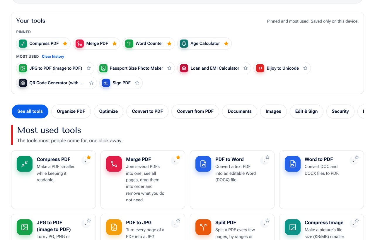 The Your tools section on the shobfree.com home page with pinned tools and most used tools