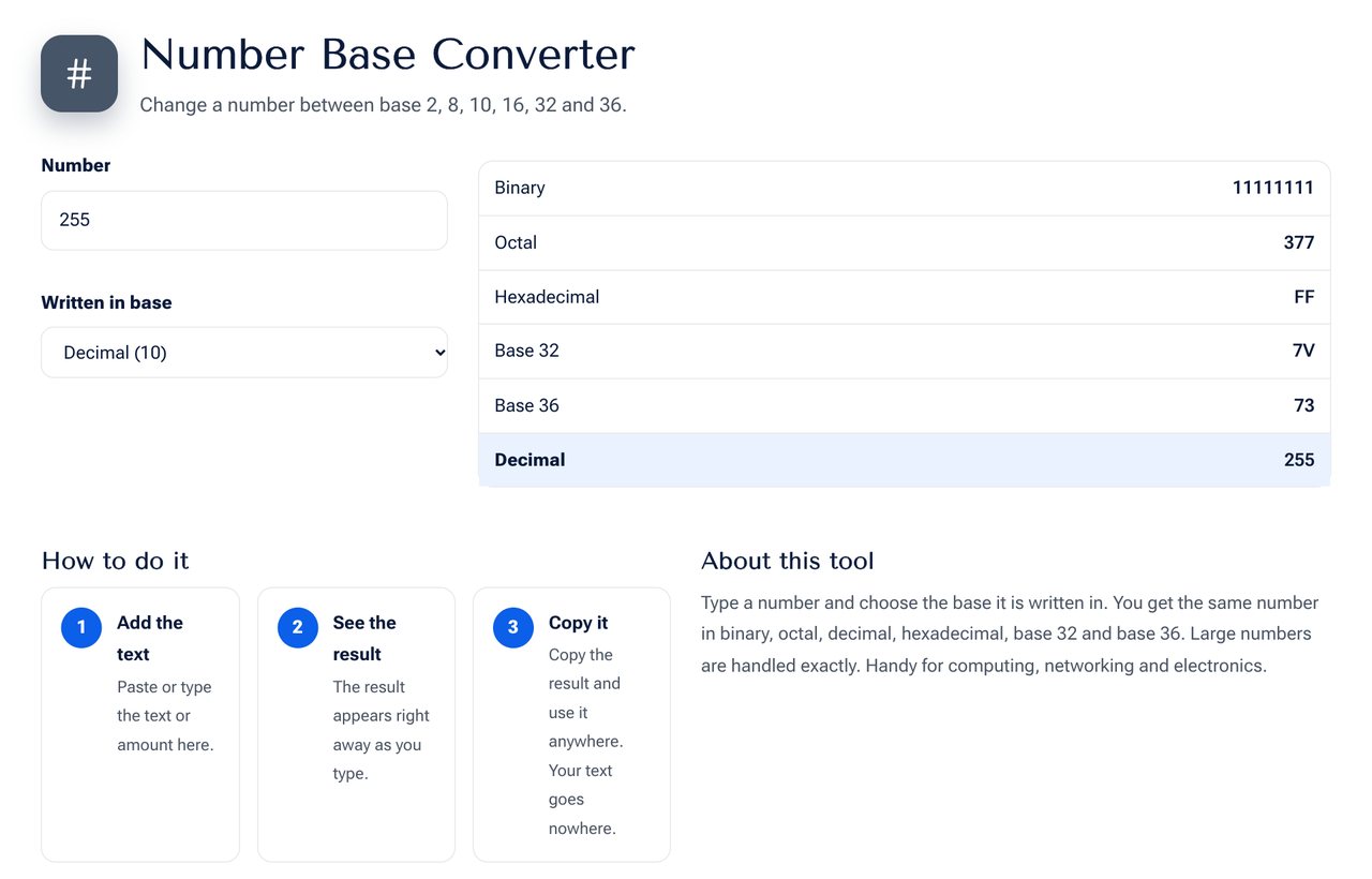 The Number Base Converter on shobfree.com showing a number in binary, octal, decimal and hexadecimal