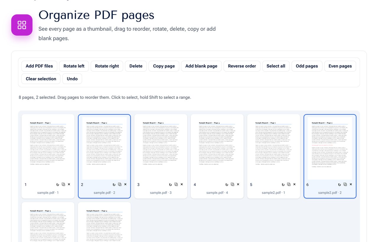 The Organize PDF tool on shobfree.com showing page thumbnails in a grid