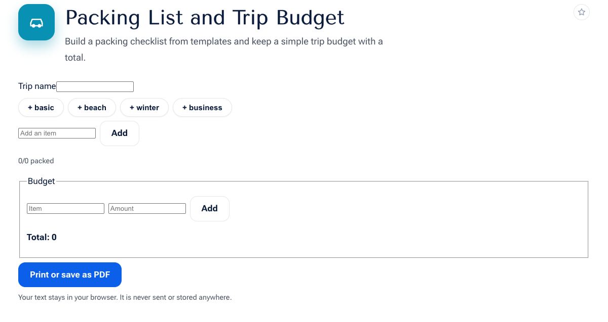 Packing List and Trip Budget on shobfree.com