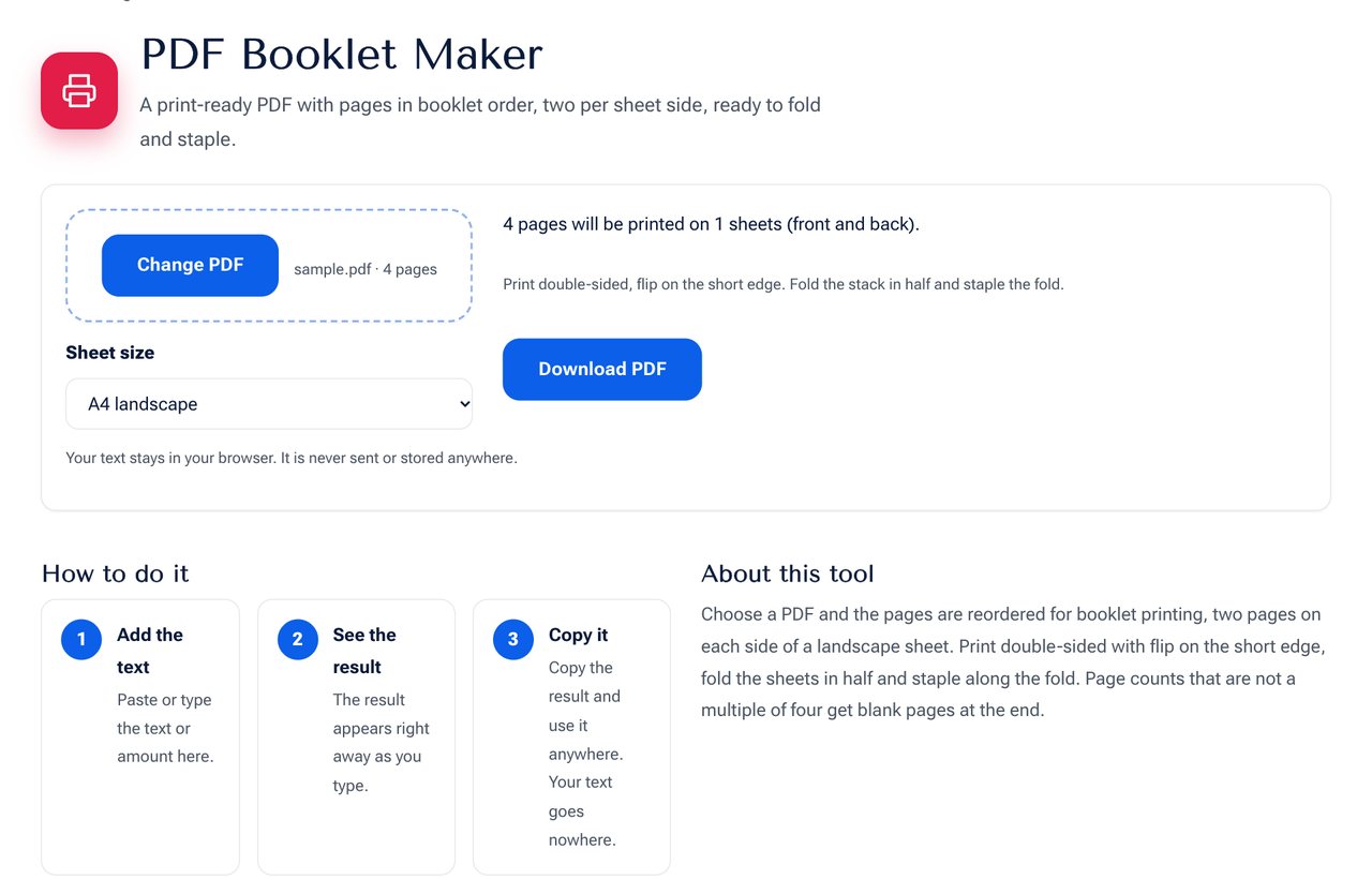 PDF Booklet Maker on shobfree.com with example values filled in