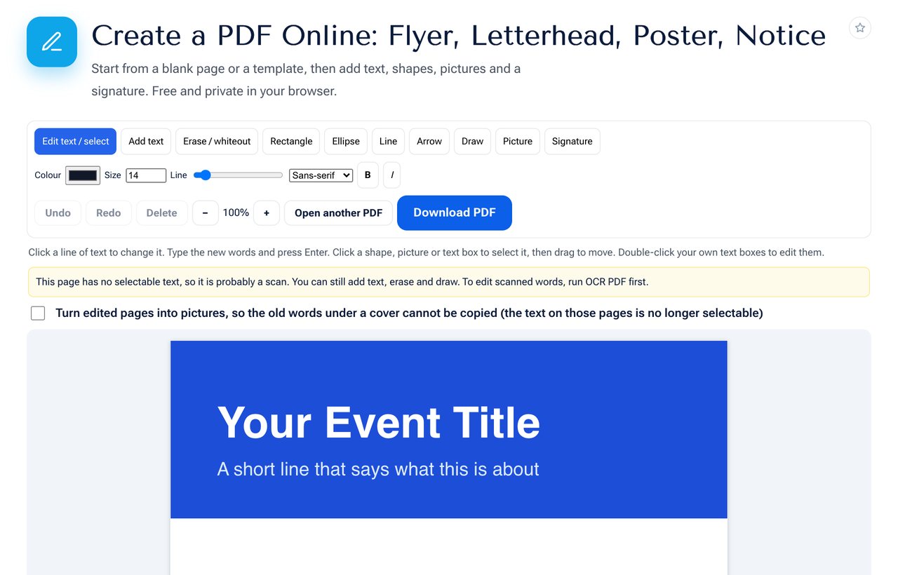 The Create PDF tool on shobfree.com showing a flyer template with a blue header and sample text