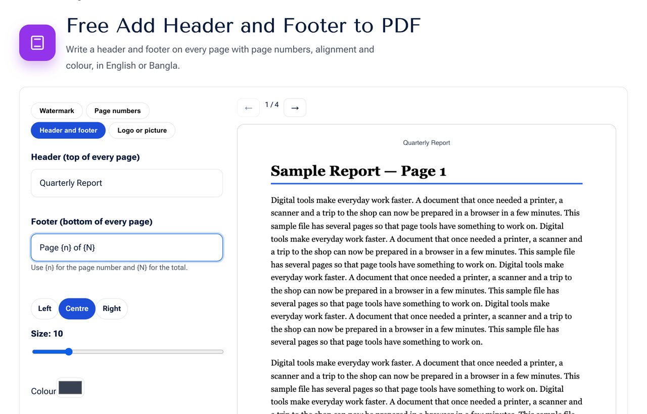 The Header and Footer tool on shobfree.com with header text, footer text and a preview