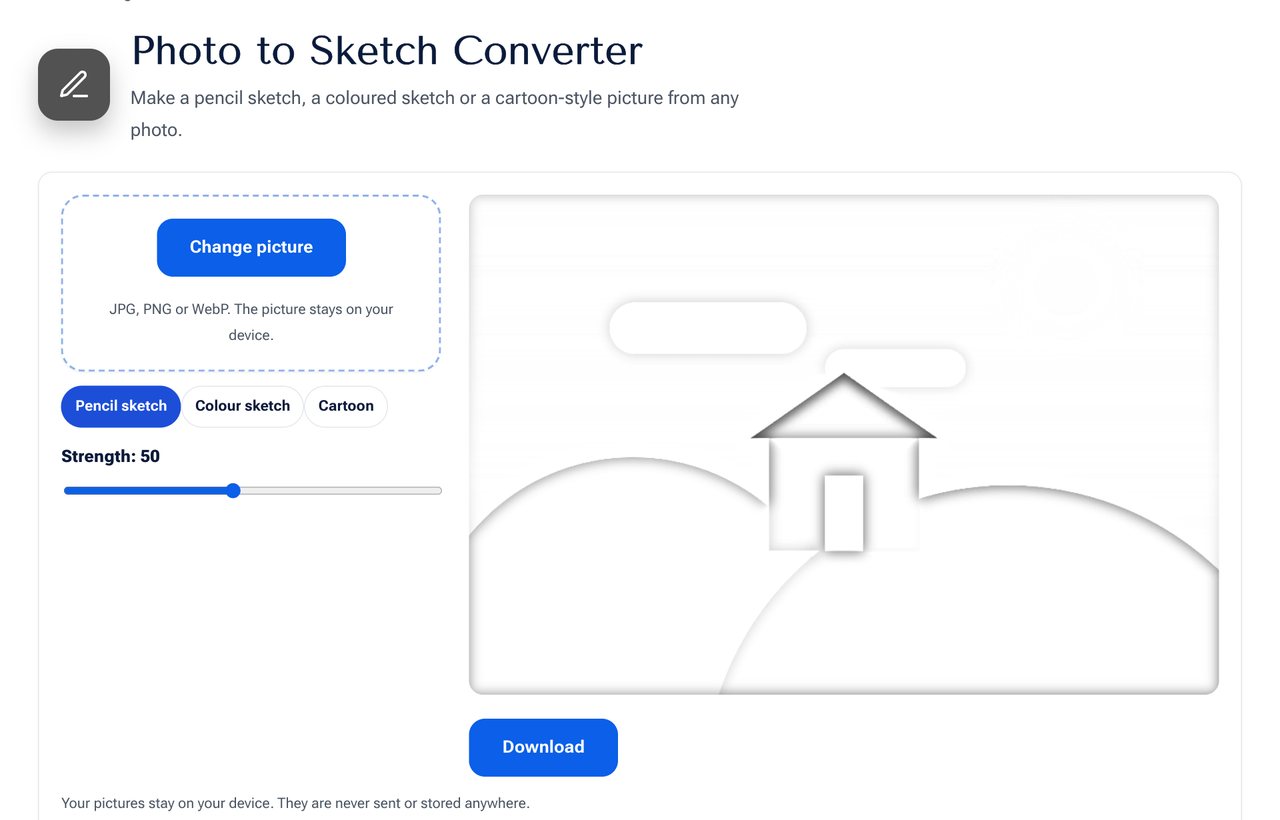 The Photo to Sketch Converter on shobfree.com showing a photo converted to a pencil sketch with style options