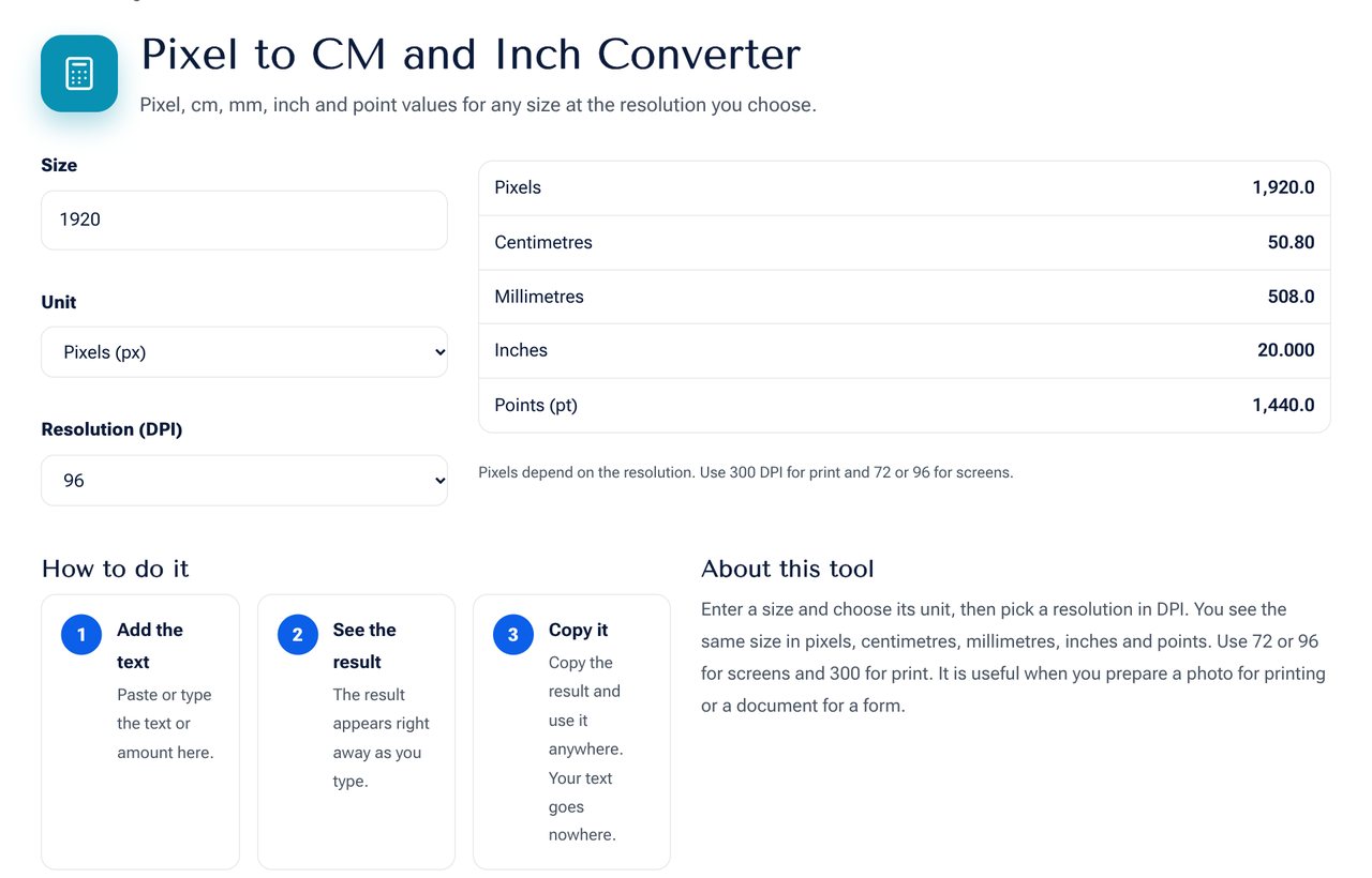 Pixel to CM and Inch Converter on shobfree.com with example values filled in