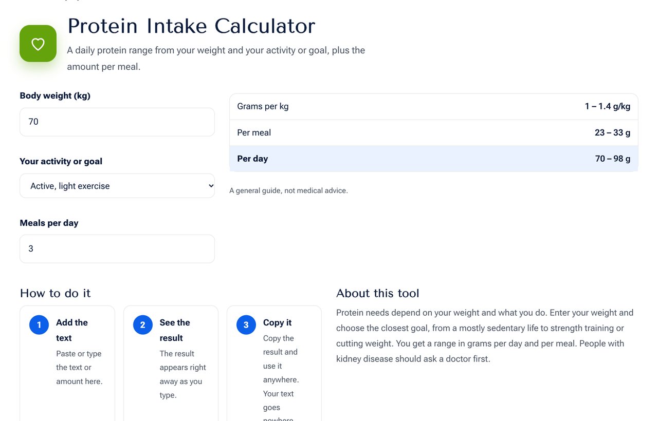 Protein Intake Calculator on shobfree.com with example values filled in