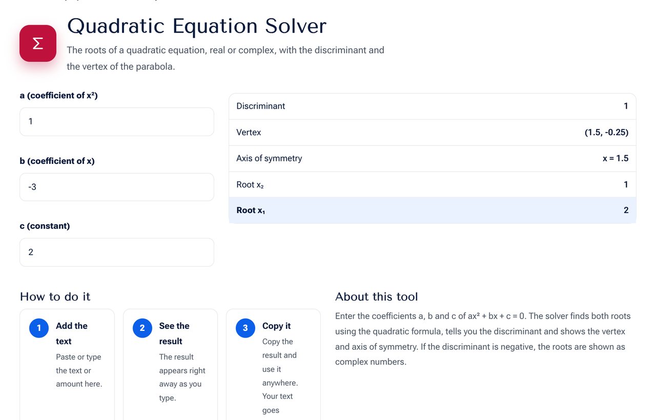 The Quadratic Equation Solver on shobfree.com showing the roots, the discriminant and the vertex