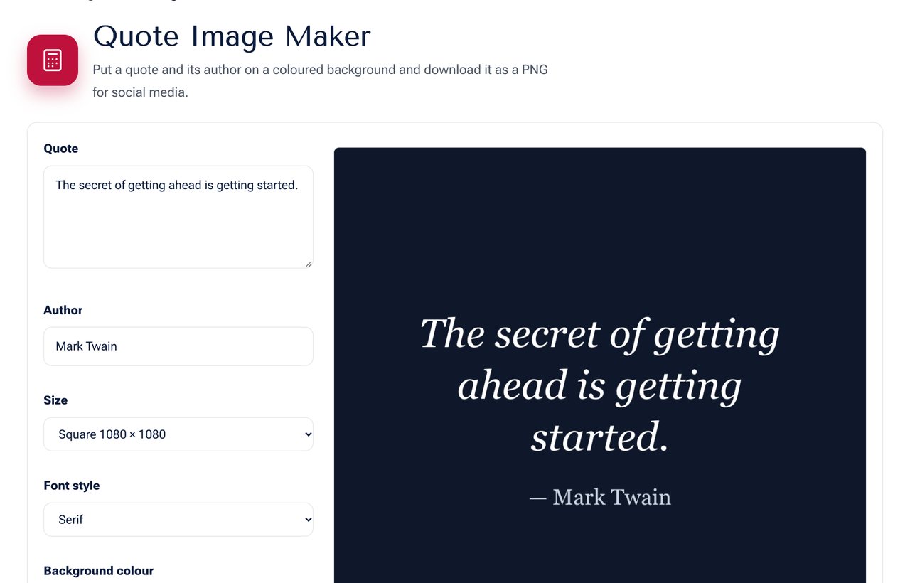 The Quote Image Maker on shobfree.com with a quote, author, size and background colour and a preview
