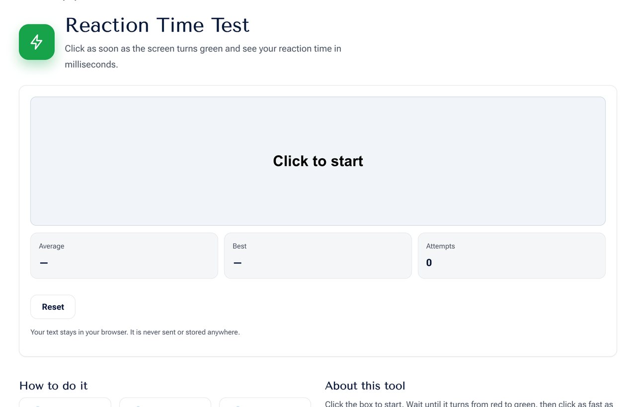 The Reaction Time Test on shobfree.com with the click area and the average and best times