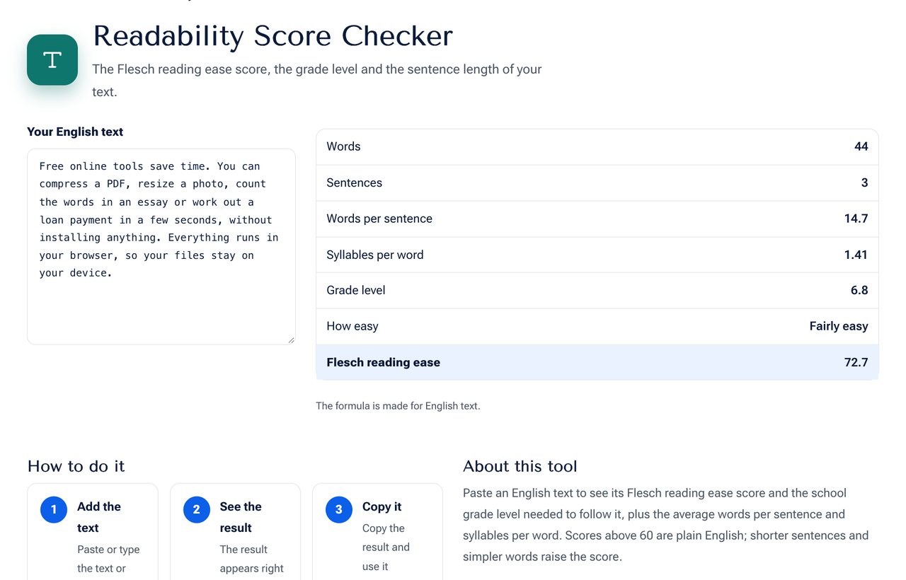 The Readability Score Checker on shobfree.com with a text and its Flesch reading ease score