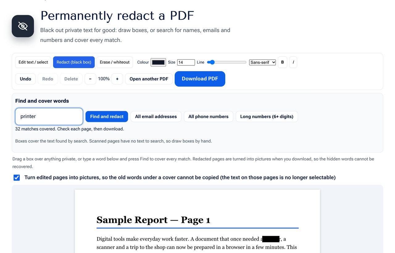 The Redact PDF tool on shobfree.com with a search box for words to cover