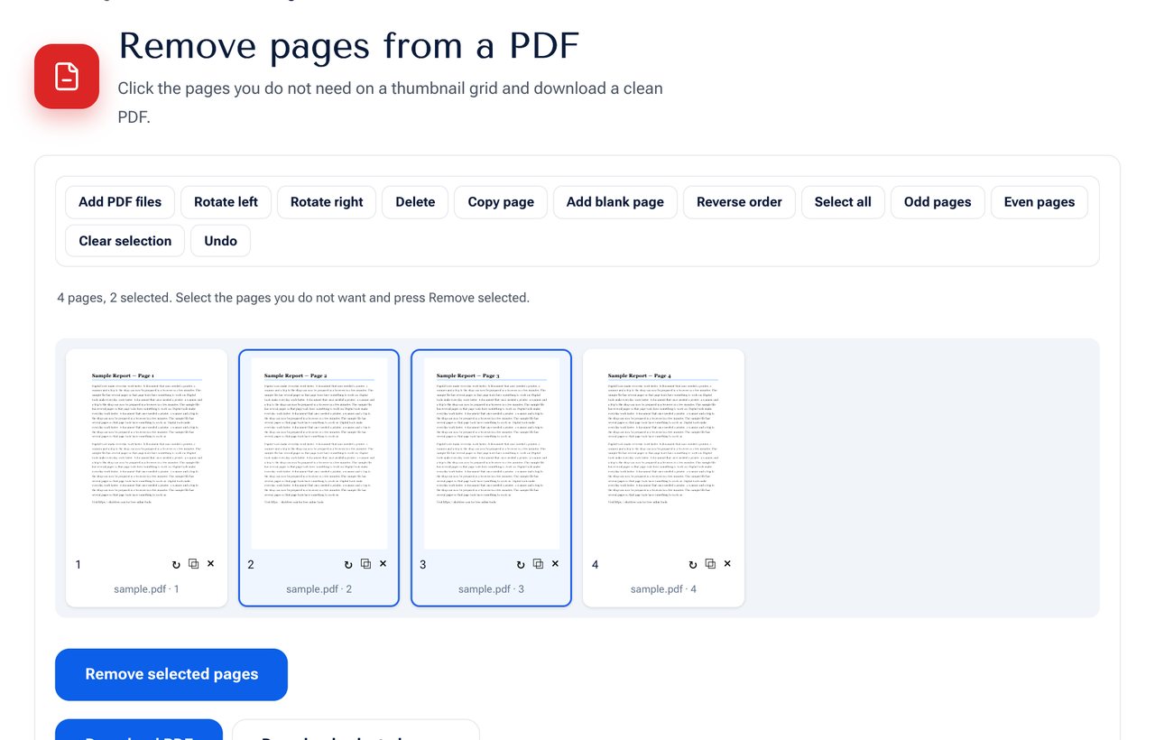 The Remove PDF Pages tool on shobfree.com with two page thumbnails selected for deletion
