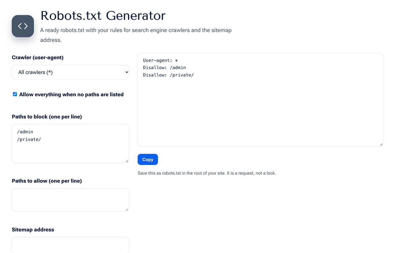 Robots.txt Generator on shobfree.com with example values filled in