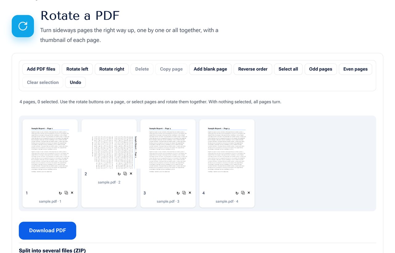 The Rotate PDF tool on shobfree.com with page thumbnails and rotate buttons