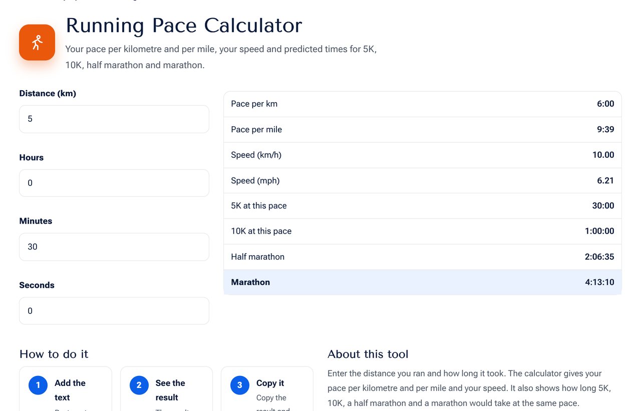 The Running Pace Calculator on shobfree.com showing pace, speed and projected race times