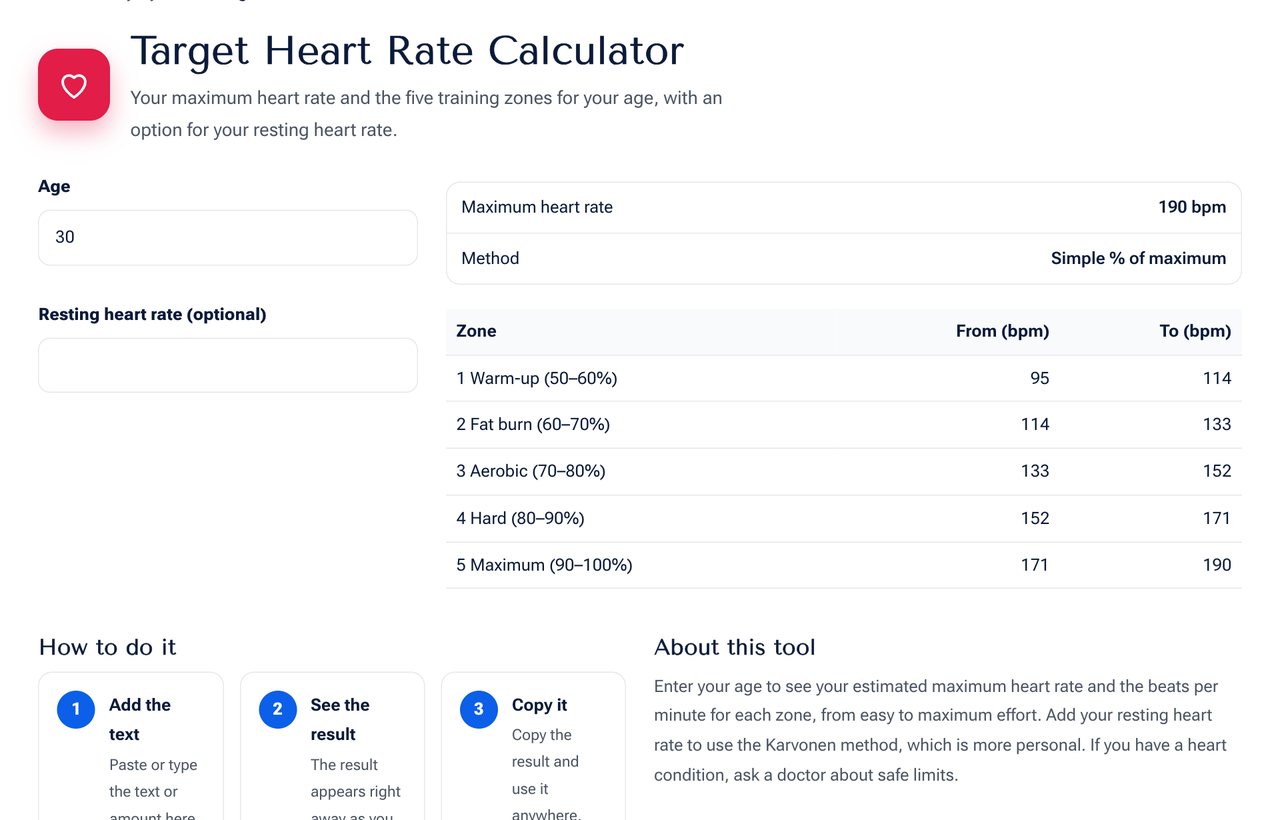 Target Heart Rate Calculator on shobfree.com with example values filled in
