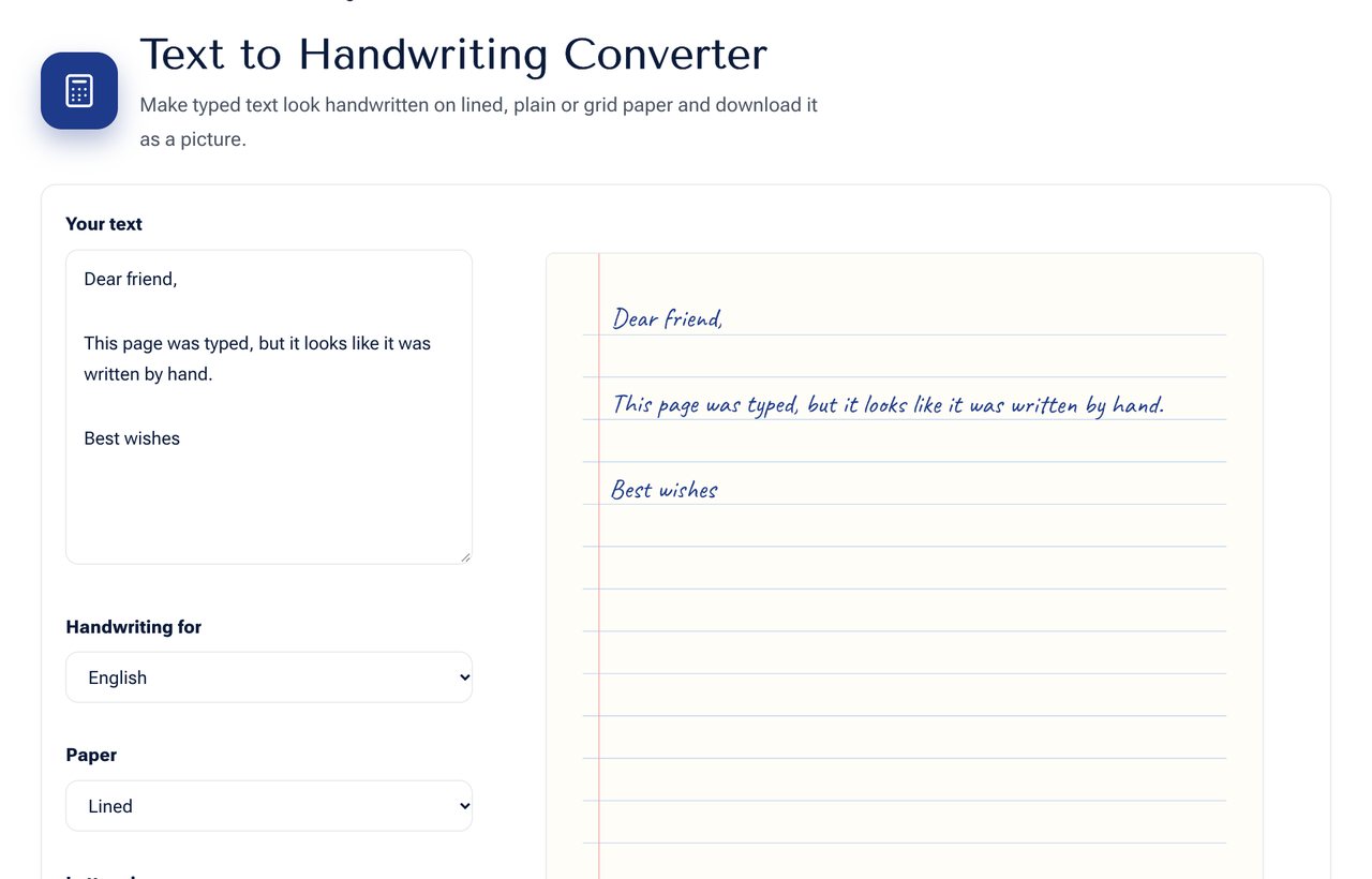 The Text to Handwriting Converter on shobfree.com showing typed text rendered on lined paper in a handwriting font