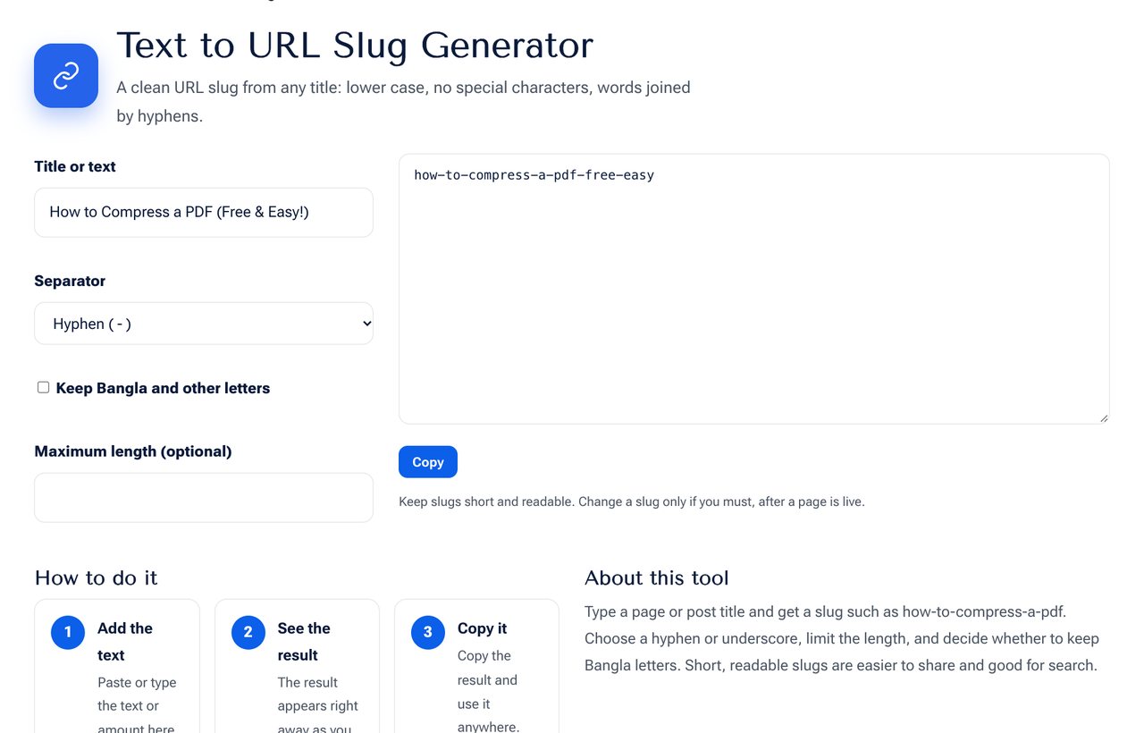 Text to URL Slug Generator on shobfree.com with example values filled in