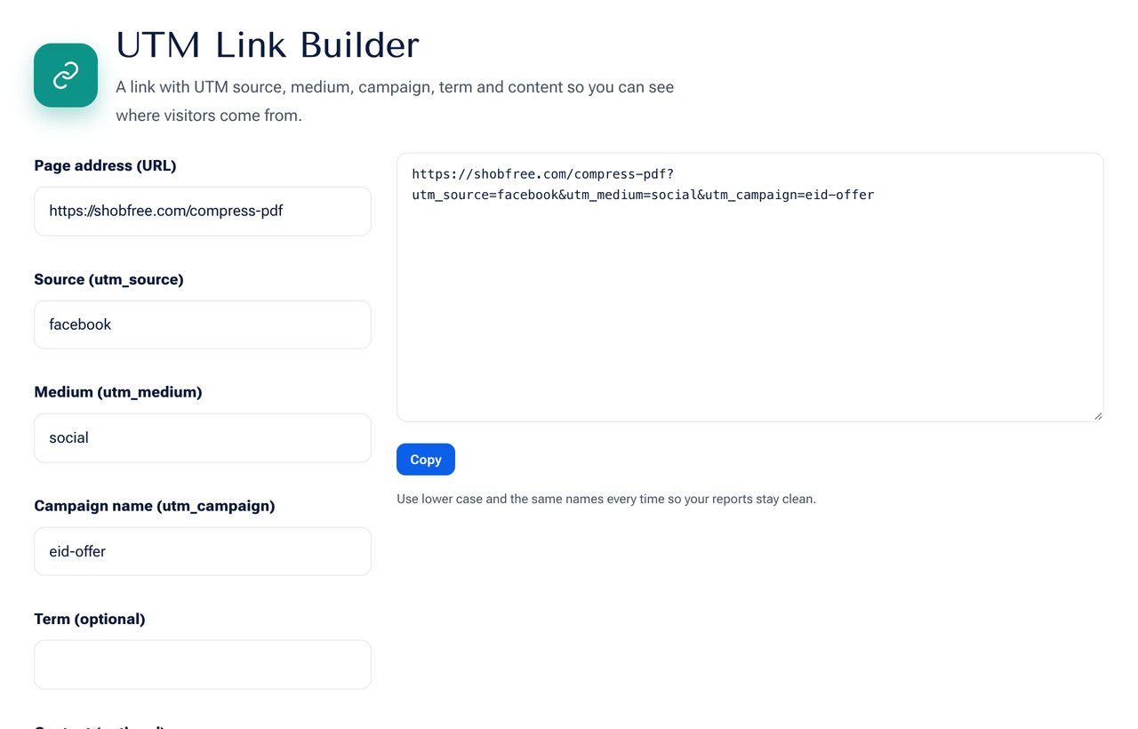 UTM Link Builder on shobfree.com with example values filled in
