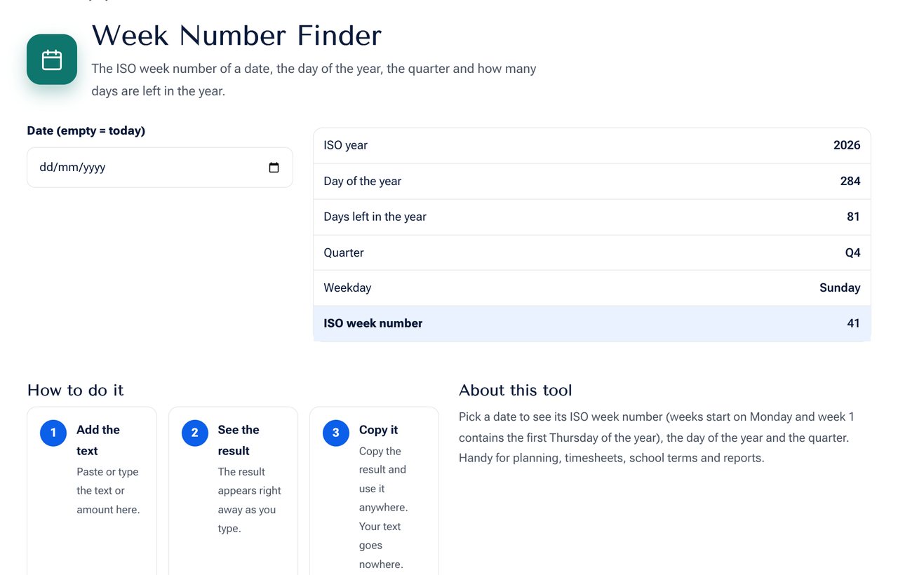 The Week Number Finder on shobfree.com showing the ISO week, day of year and quarter for a date