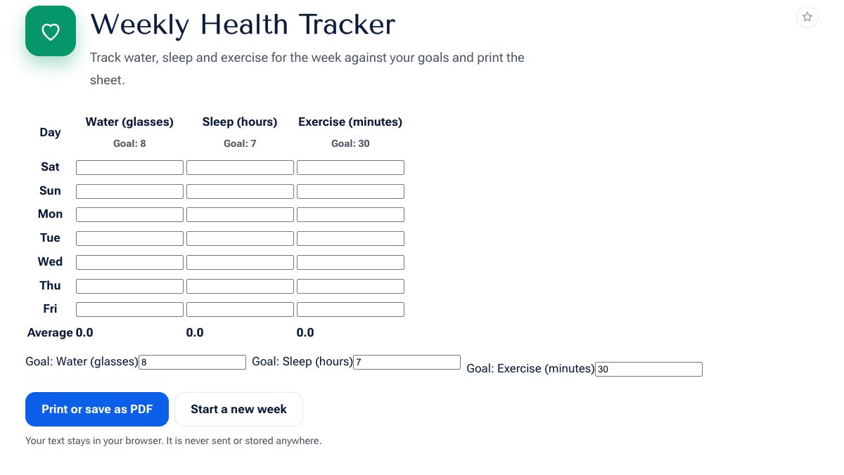 Weekly Health Tracker on shobfree.com