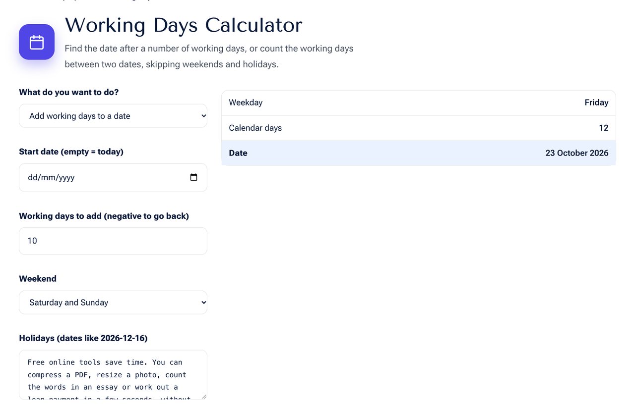 Working Days Calculator on shobfree.com with example values filled in