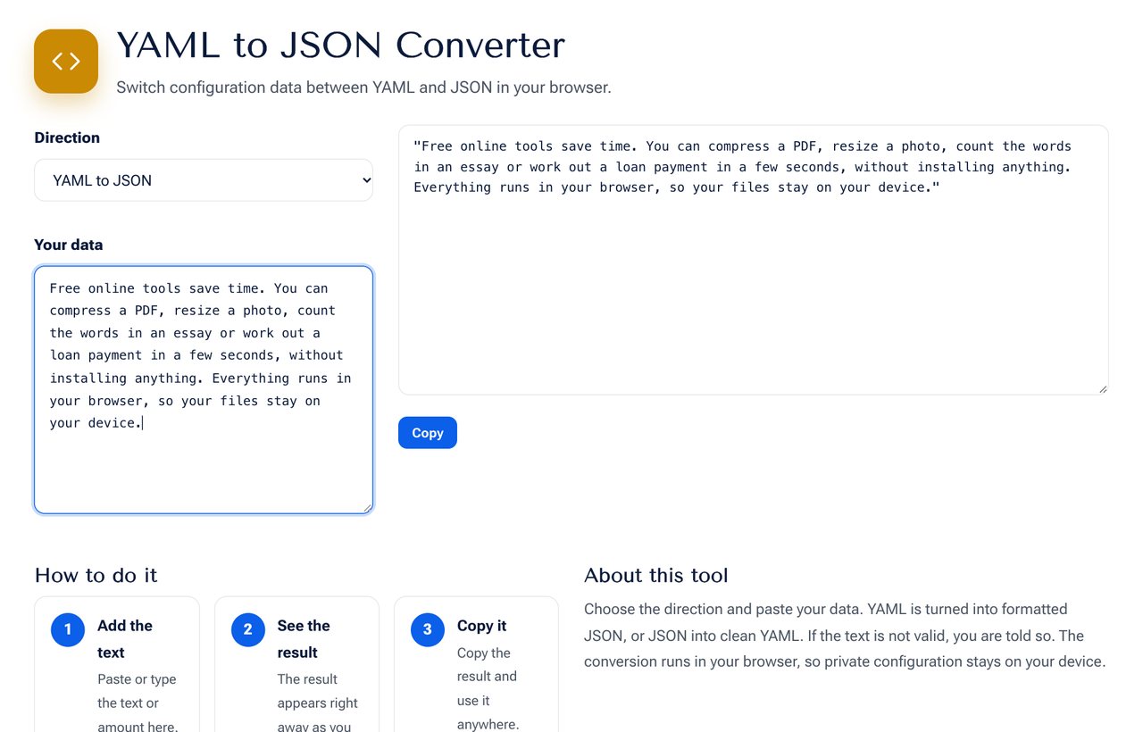 The YAML to JSON converter on shobfree.com with YAML input and JSON output